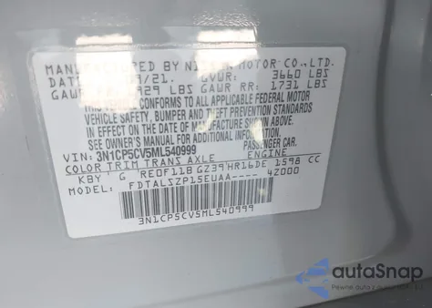 2021 Nissan Kicks Sv Xtronic Cvt from USA, damaged, VIN 3N1CP5CV5ML540999